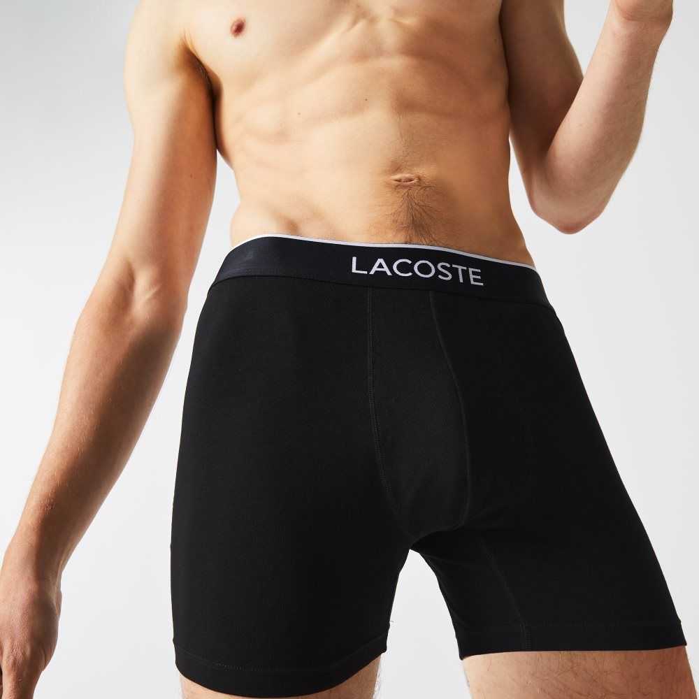 Black / Grey Chine Lacoste Branded Waist Long Stretch Cotton Boxer Brief 3-Pack | ASMBOU-248