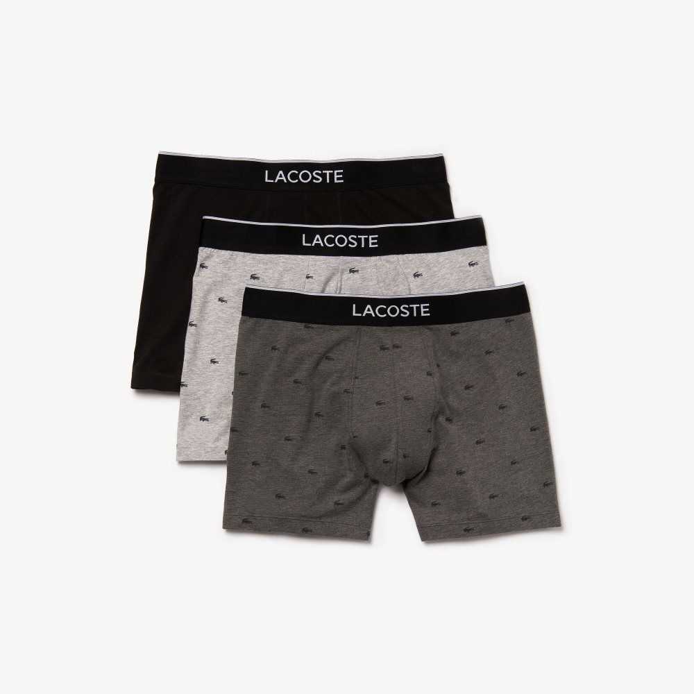 Black / Grey Chine Lacoste Branded Waist Long Stretch Cotton Boxer Brief 3-Pack | ASMBOU-248