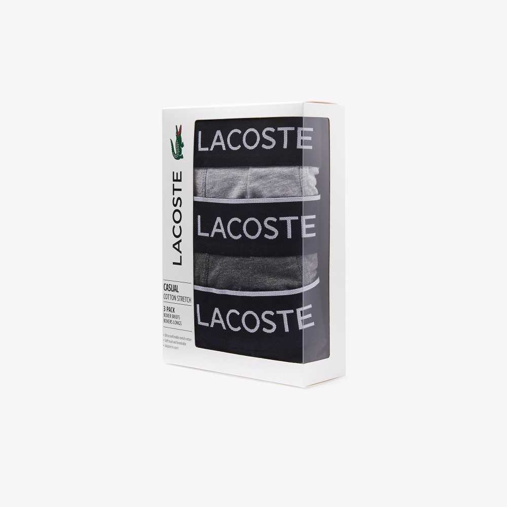 Black / Grey Chine Lacoste Branded Waist Long Stretch Cotton Boxer Brief 3-Pack | ASMBOU-248