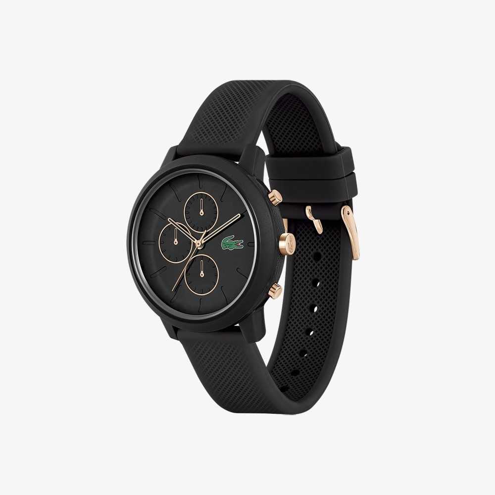 Black Lacoste 12.12 Chrono Watch Black and Carnation Gold Silicone | TYOCVJ-829