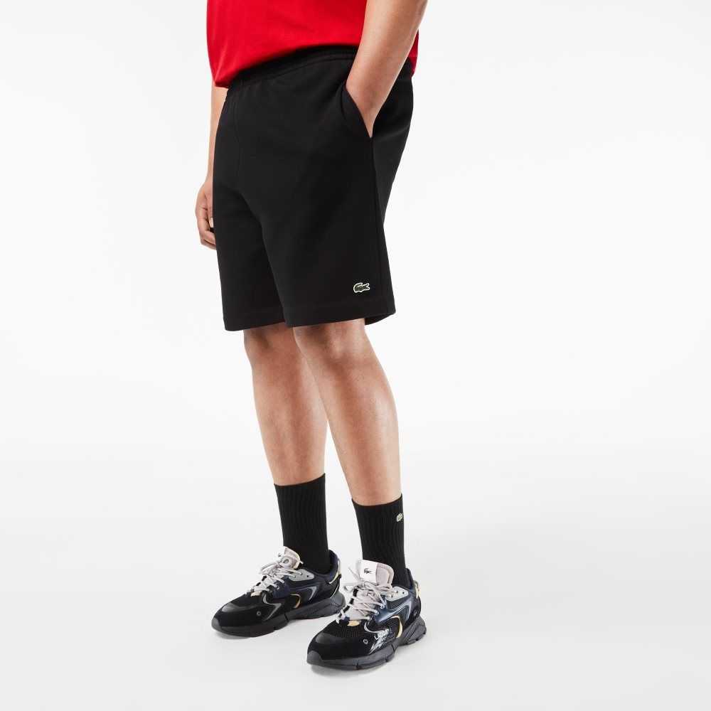 Black Lacoste Big Fit Organic Cotton Brushed Fleece Shorts | FEDVKO-576