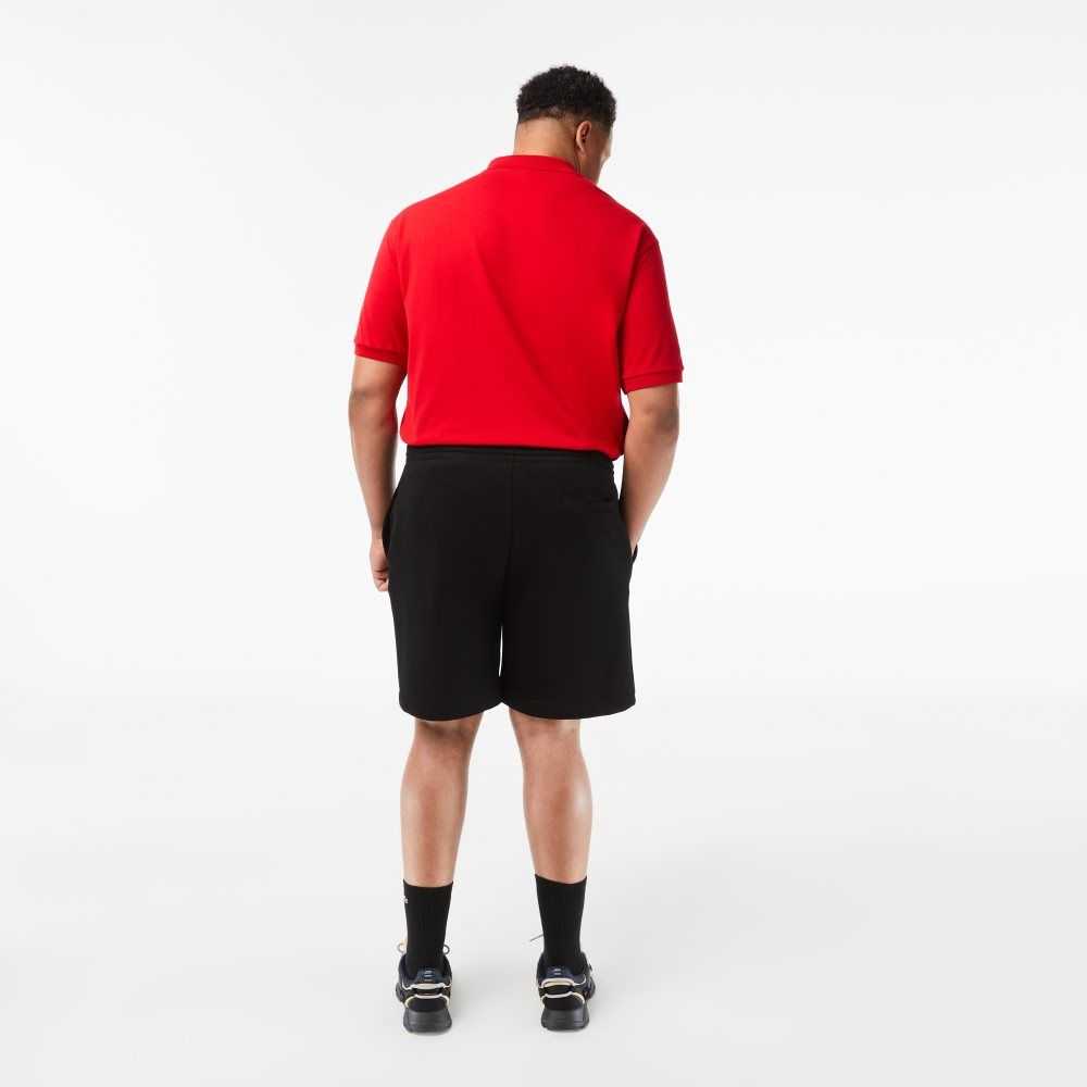 Black Lacoste Big Fit Organic Cotton Brushed Fleece Shorts | FEDVKO-576