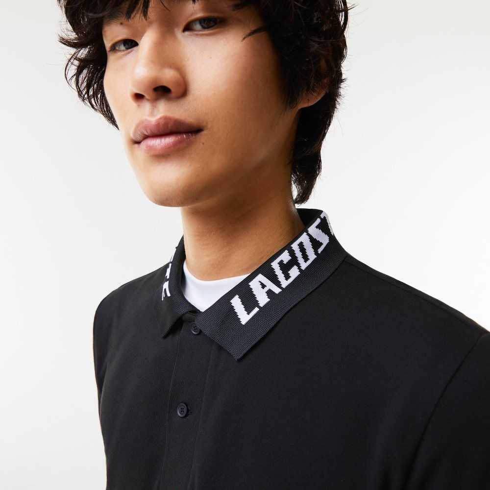 Black Lacoste Branded Slim Fit Stretch Pique Polo | JDWESF-483