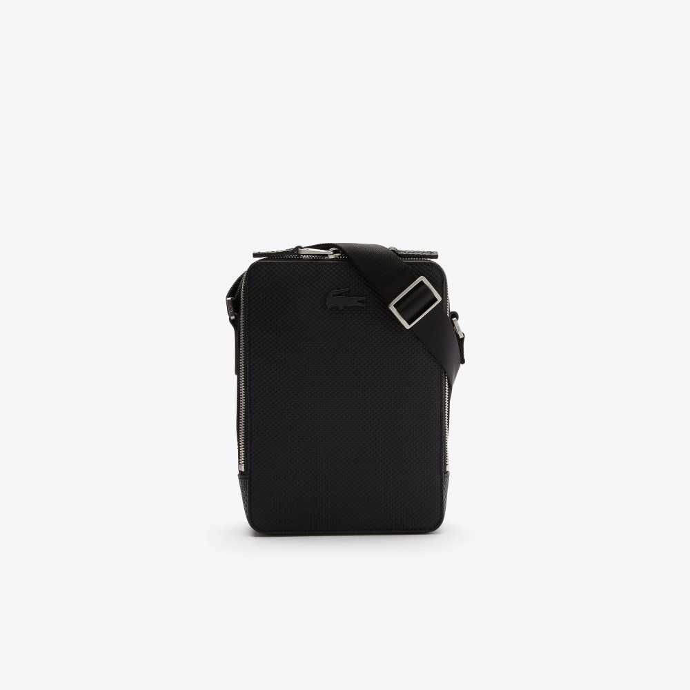 Black Lacoste Chantaco Matte Stitched Leather Vertical Camera Bag | YEKURN-789