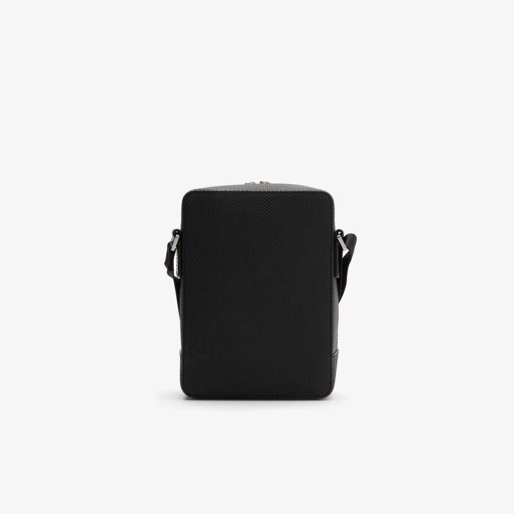 Black Lacoste Chantaco Matte Stitched Leather Vertical Camera Bag | YEKURN-789