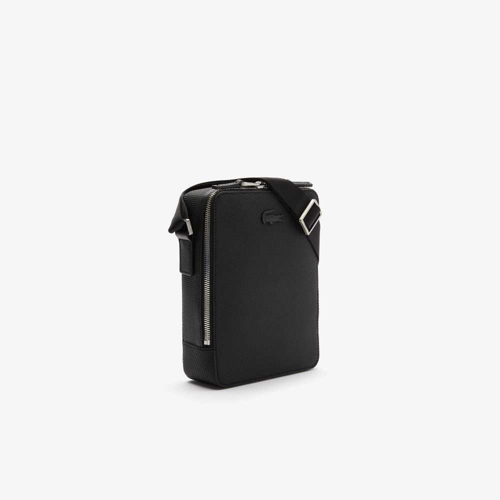 Black Lacoste Chantaco Matte Stitched Leather Vertical Camera Bag | YEKURN-789