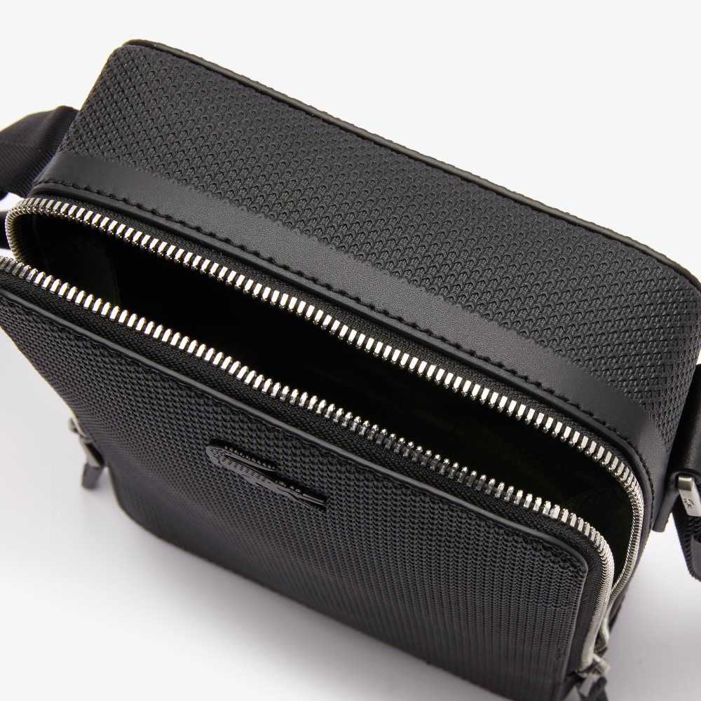 Black Lacoste Chantaco Matte Stitched Leather Vertical Camera Bag | YEKURN-789