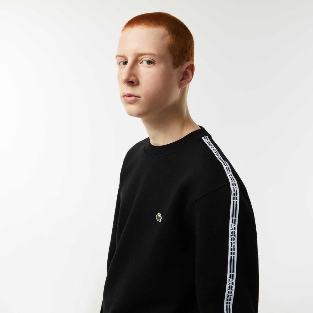 Black Lacoste Classic Fit Logo Stripe Flannel Sweatshirt | EMGPTS-968