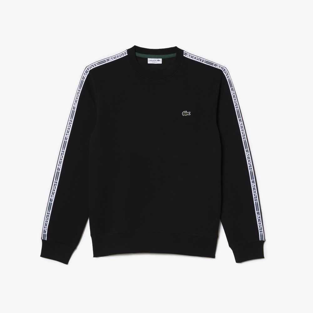 Black Lacoste Classic Fit Logo Stripe Flannel Sweatshirt | EMGPTS-968