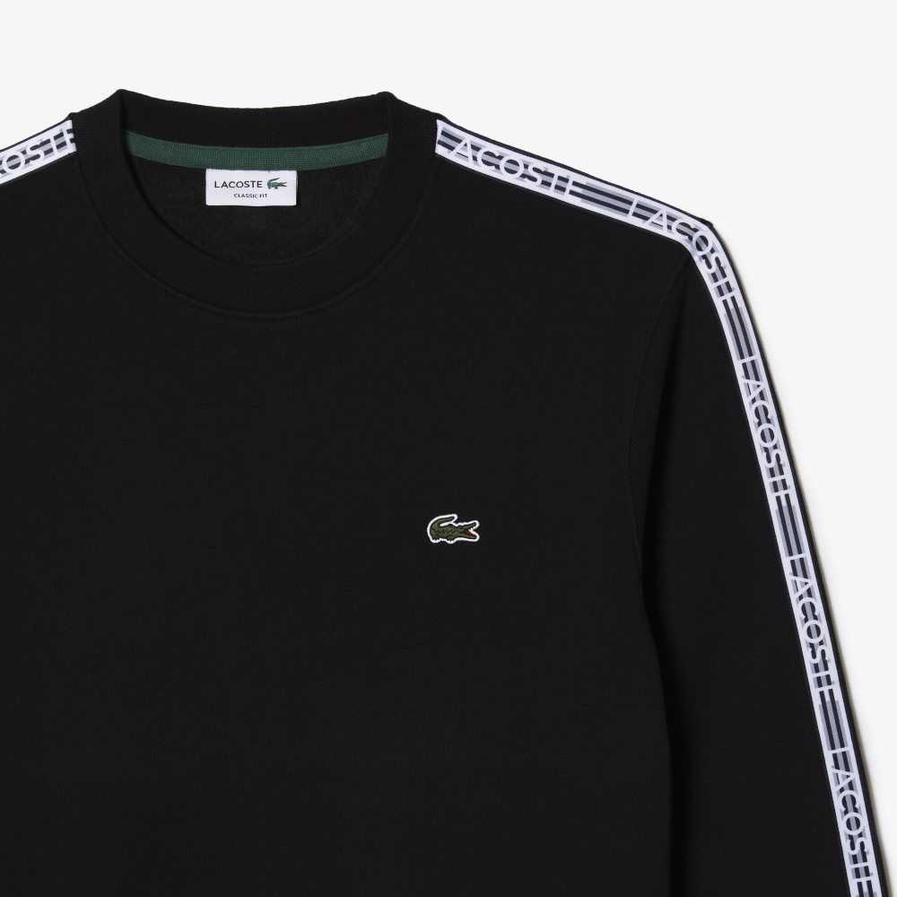 Black Lacoste Classic Fit Logo Stripe Flannel Sweatshirt | EMGPTS-968