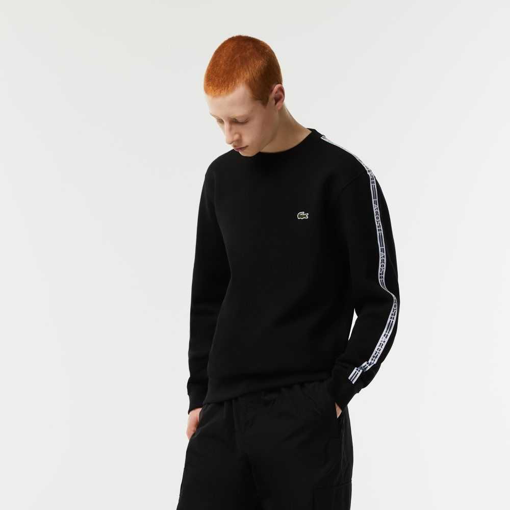 Black Lacoste Classic Fit Logo Stripe Flannel Sweatshirt | EMGPTS-968