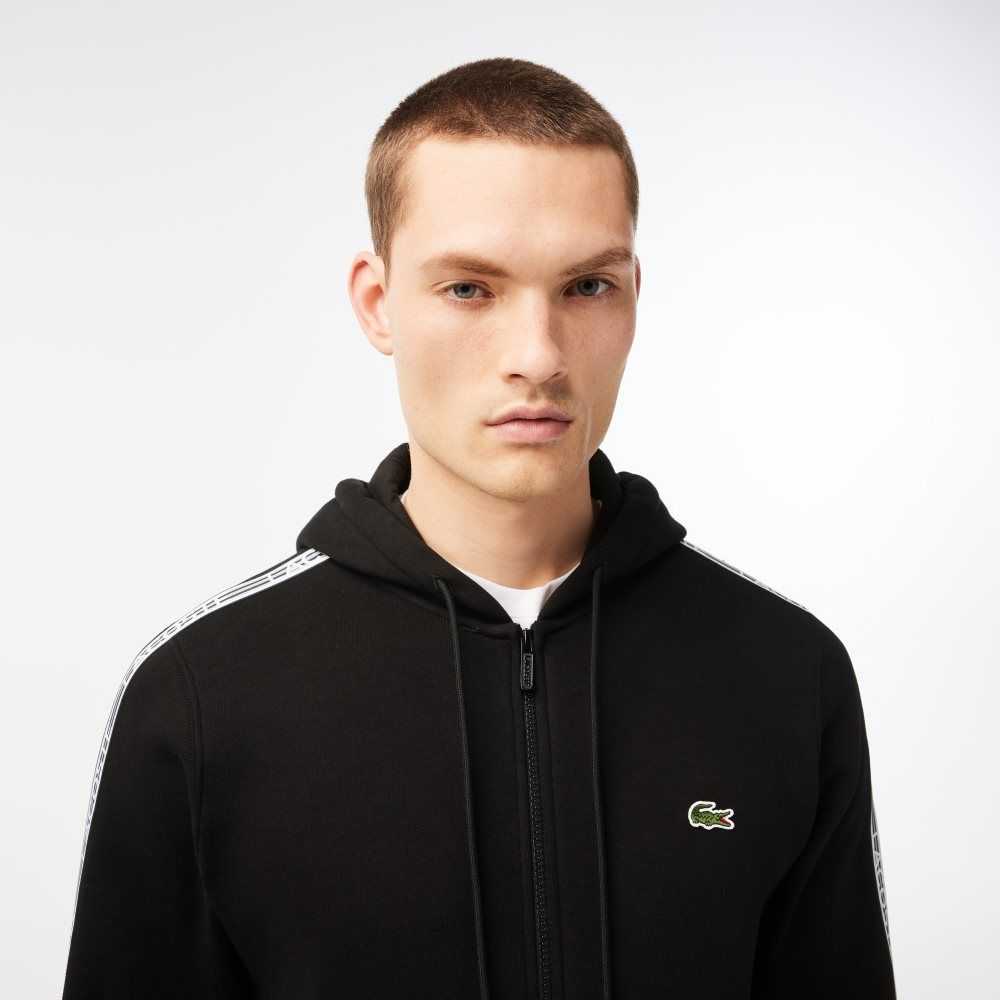 Black Lacoste Classic Fit Zipped Hoodie with Brand Stripes | PZXROW-685