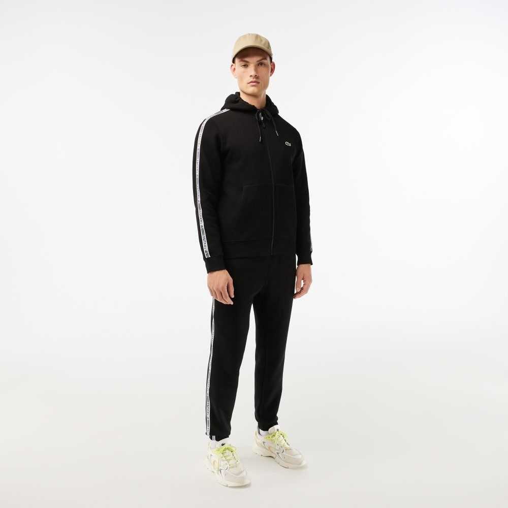 Black Lacoste Classic Fit Zipped Hoodie with Brand Stripes | PZXROW-685