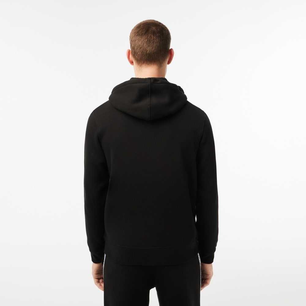 Black Lacoste Classic Fit Zipped Hoodie with Brand Stripes | PZXROW-685