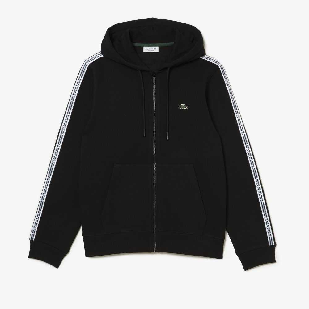 Black Lacoste Classic Fit Zipped Hoodie with Brand Stripes | PZXROW-685