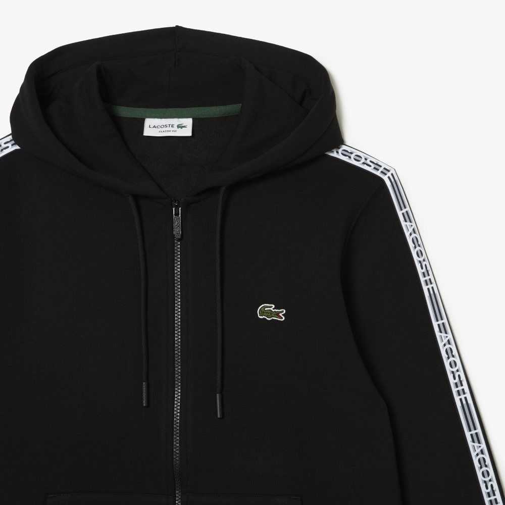 Black Lacoste Classic Fit Zipped Hoodie with Brand Stripes | PZXROW-685