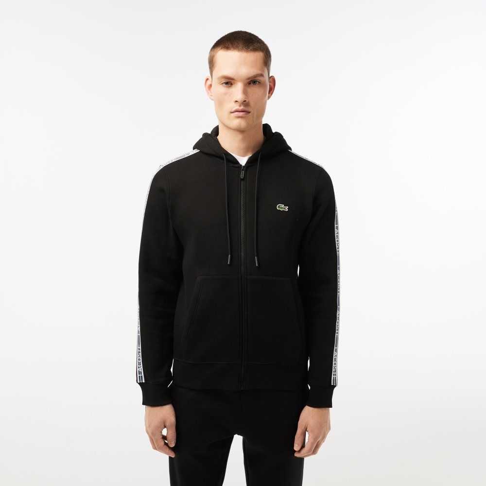 Black Lacoste Classic Fit Zipped Hoodie with Brand Stripes | PZXROW-685