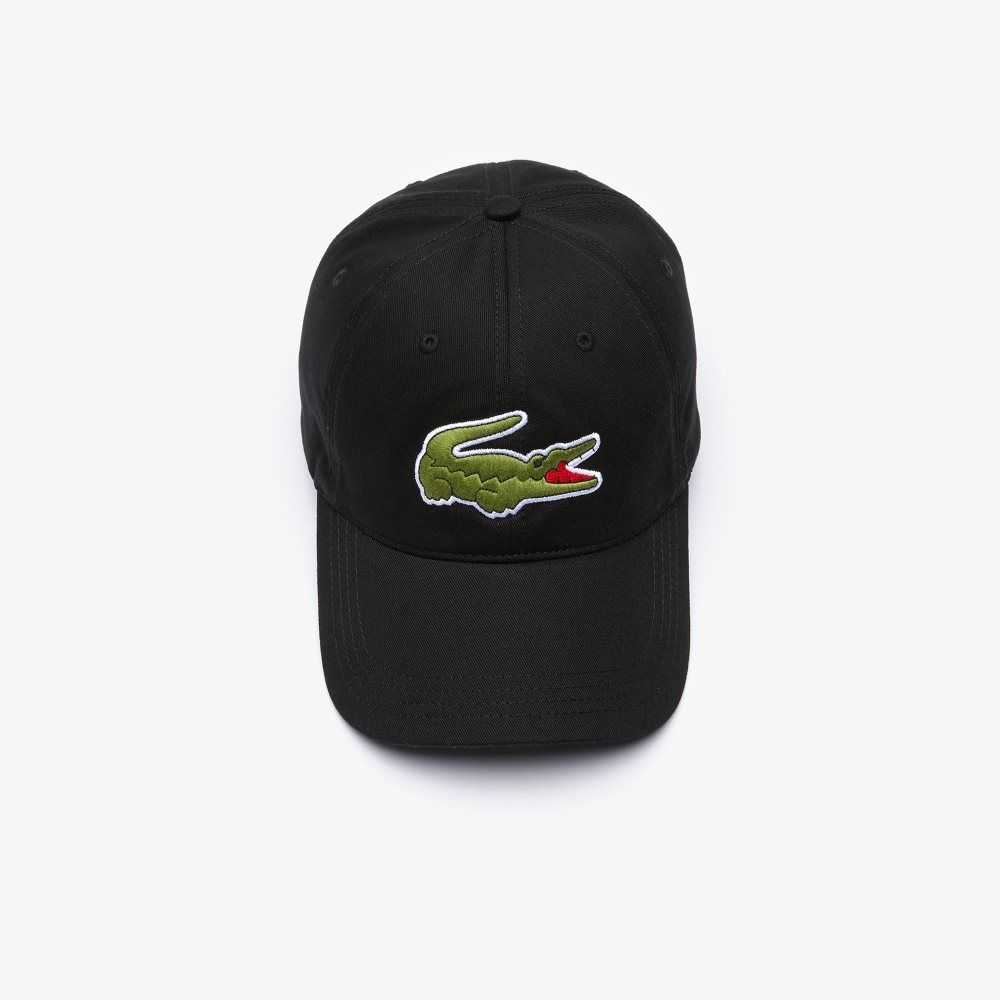 Black Lacoste Contrast Strap And Oversized Crocodile Cotton Cap | RJCWVY-801