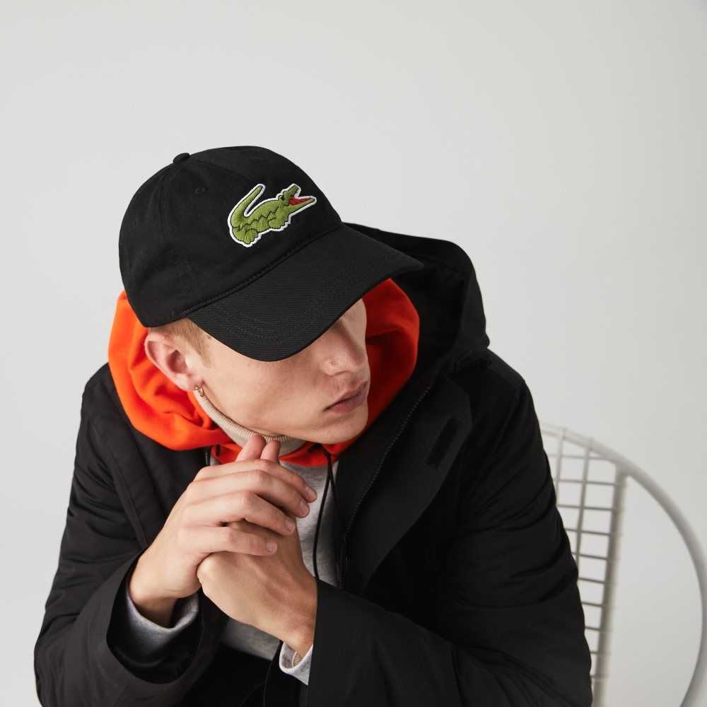 Black Lacoste Contrast Strap And Oversized Crocodile Cotton Cap | RJCWVY-801