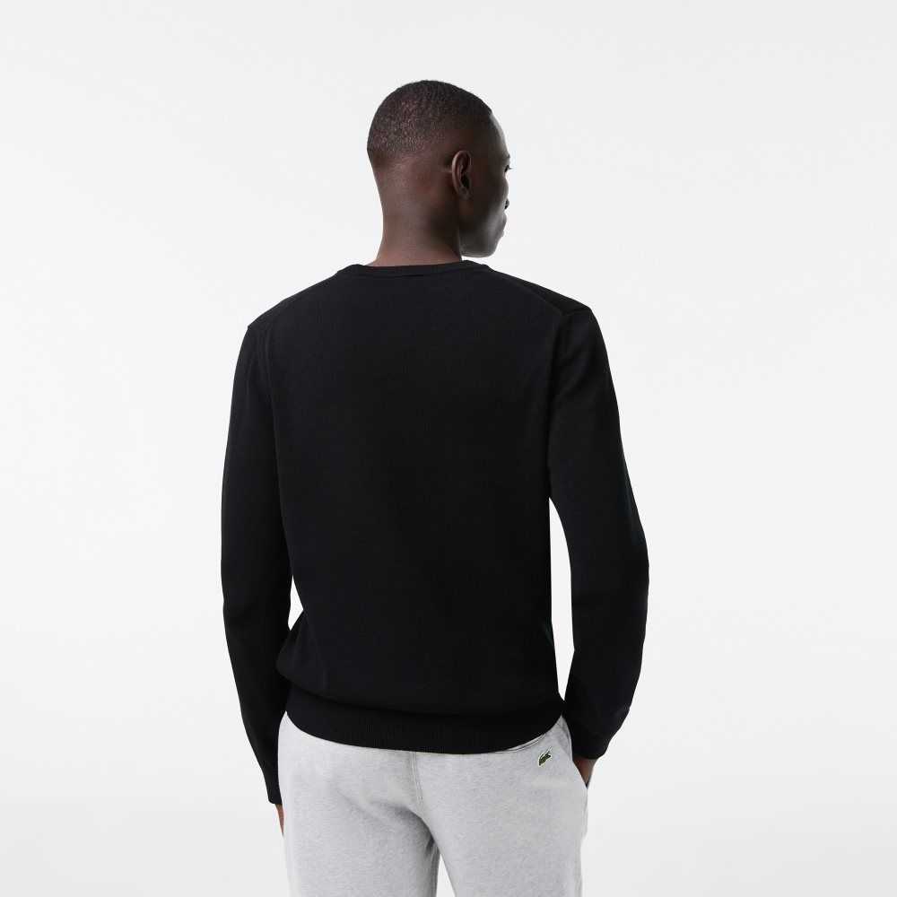 Black Lacoste Crew Neck Cotton Sweater | LOMNAD-758