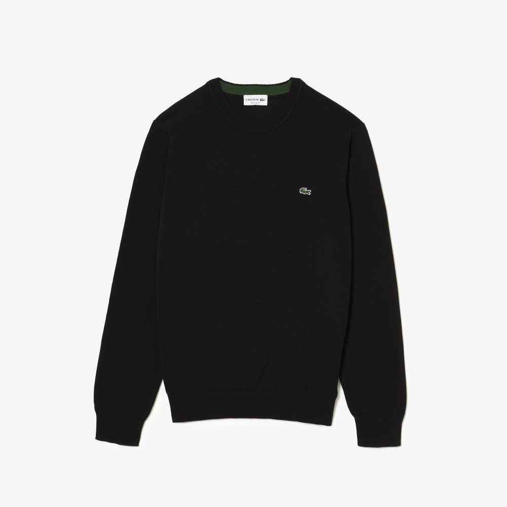 Black Lacoste Crew Neck Cotton Sweater | LOMNAD-758