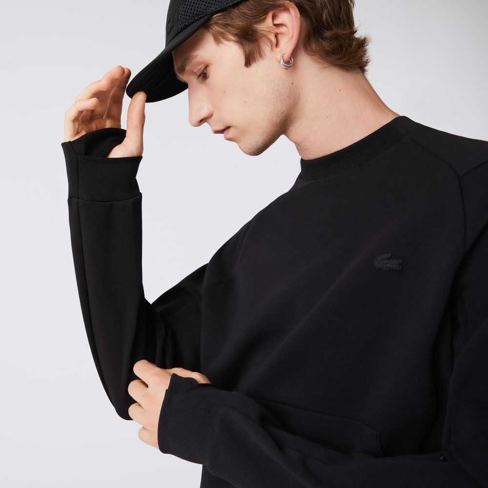 Black Lacoste Crew Neck Kangaroo Pocket Cotton Blend Sweatshirt | UYGEDP-364