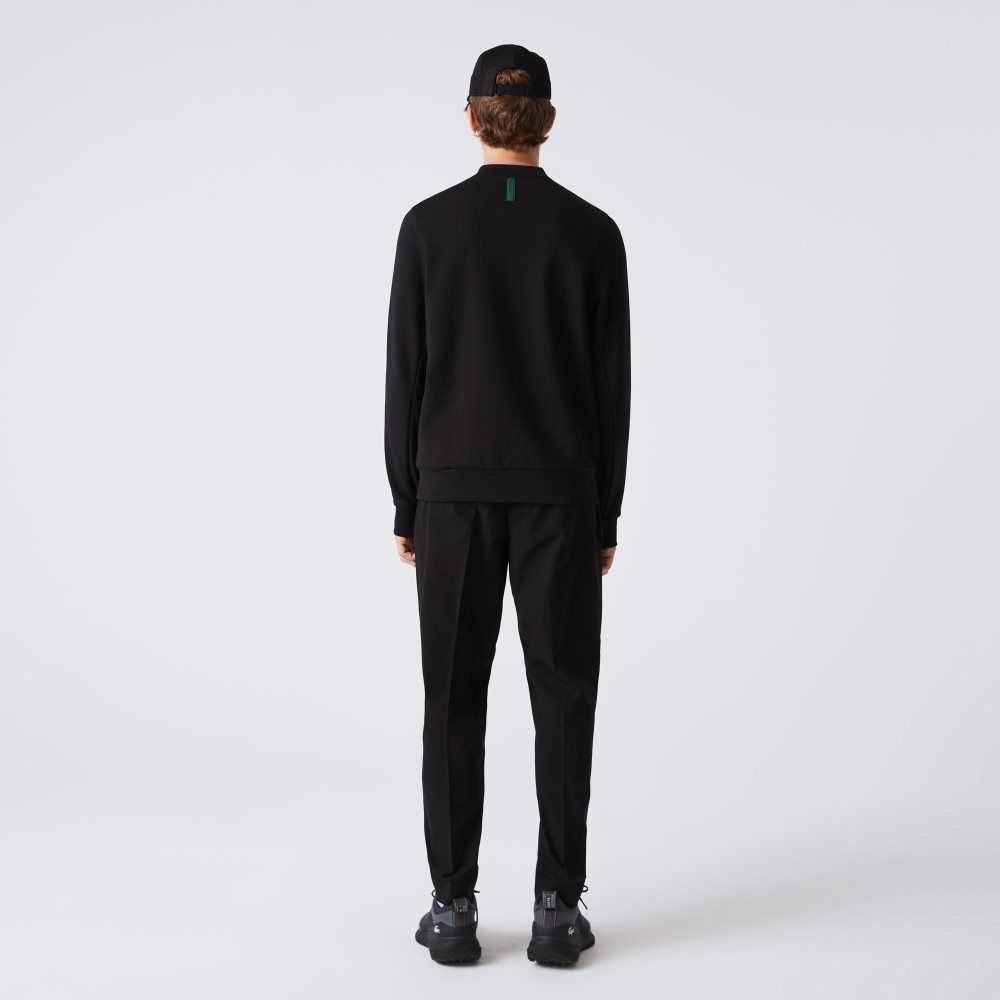 Black Lacoste Crew Neck Kangaroo Pocket Cotton Blend Sweatshirt | UYGEDP-364