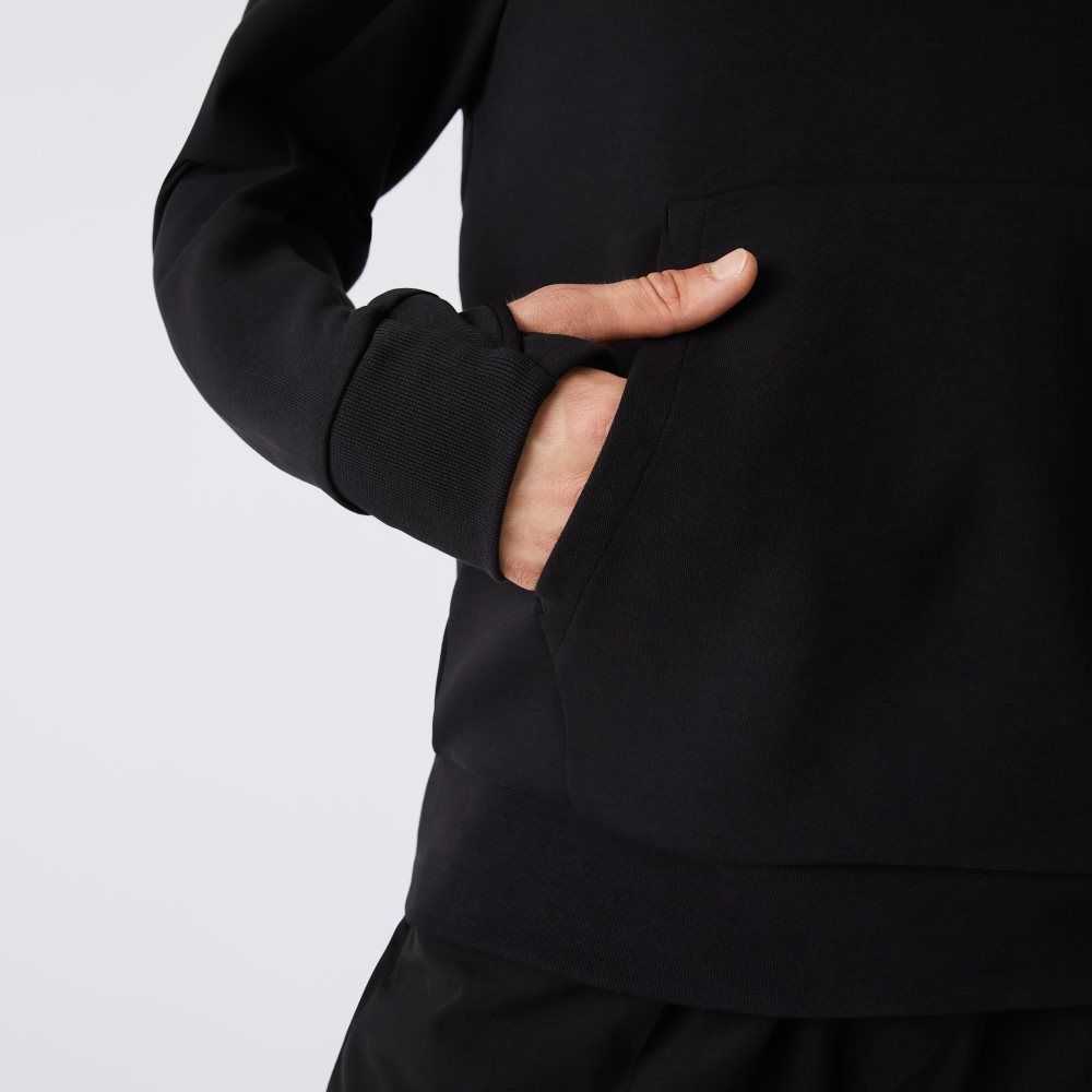 Black Lacoste Crew Neck Kangaroo Pocket Cotton Blend Sweatshirt | UYGEDP-364