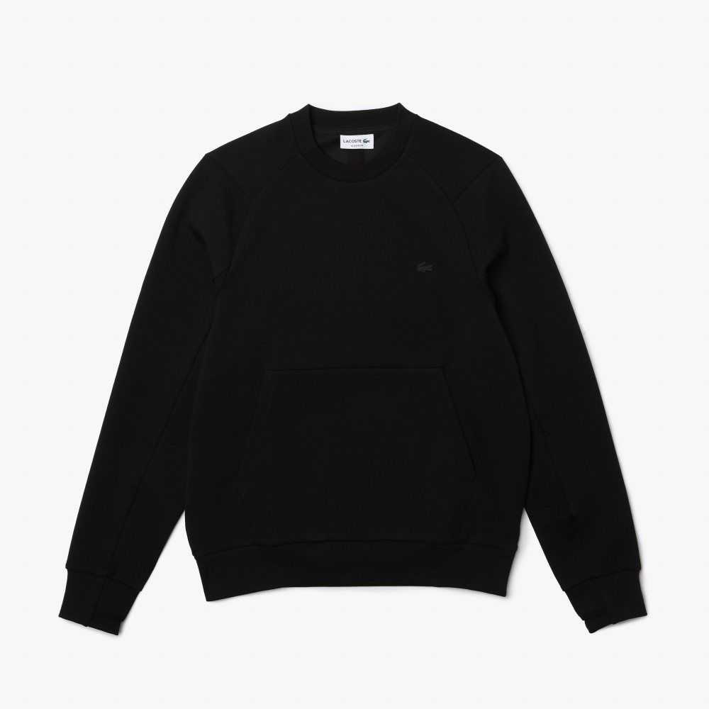 Black Lacoste Crew Neck Kangaroo Pocket Cotton Blend Sweatshirt | UYGEDP-364