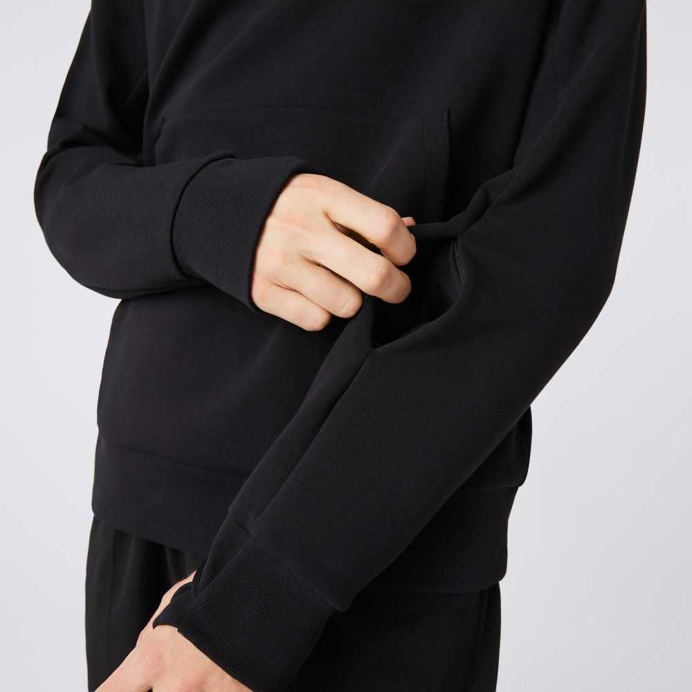 Black Lacoste Crew Neck Kangaroo Pocket Cotton Blend Sweatshirt | UYGEDP-364