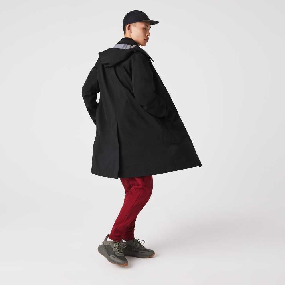 Black Lacoste Detachable Hood Knee-Length Water-Resistant Parka | USJBWG-841