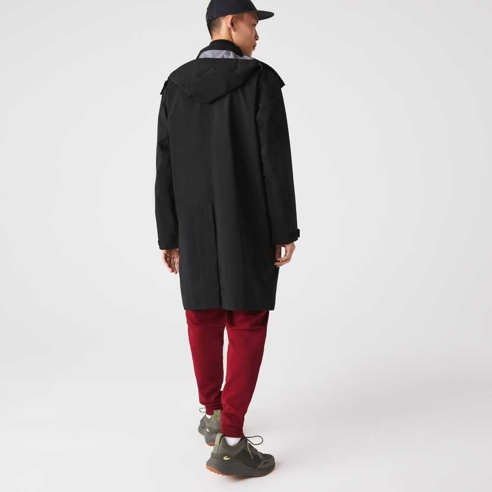 Black Lacoste Detachable Hood Knee-Length Water-Resistant Parka | USJBWG-841