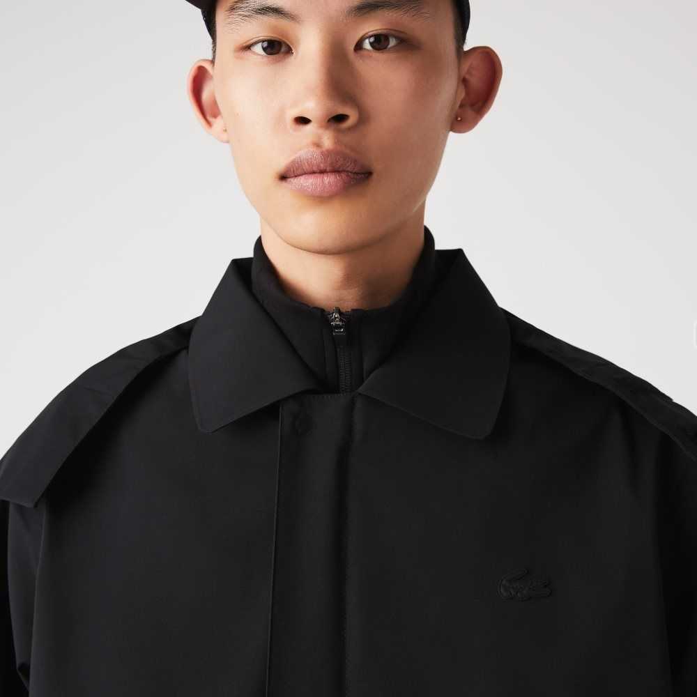 Black Lacoste Detachable Hood Knee-Length Water-Resistant Parka | USJBWG-841