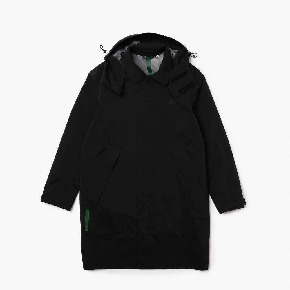 Black Lacoste Detachable Hood Knee-Length Water-Resistant Parka | USJBWG-841