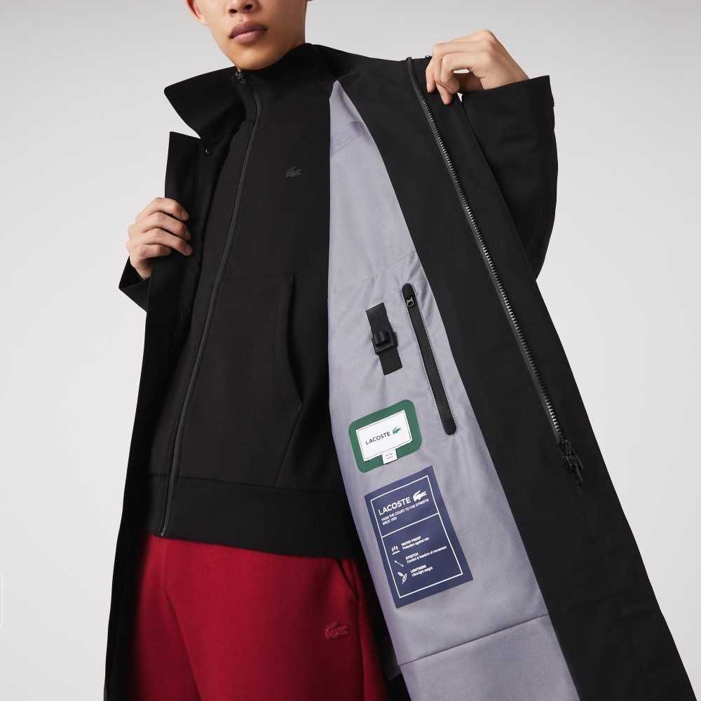 Black Lacoste Detachable Hood Knee-Length Water-Resistant Parka | USJBWG-841