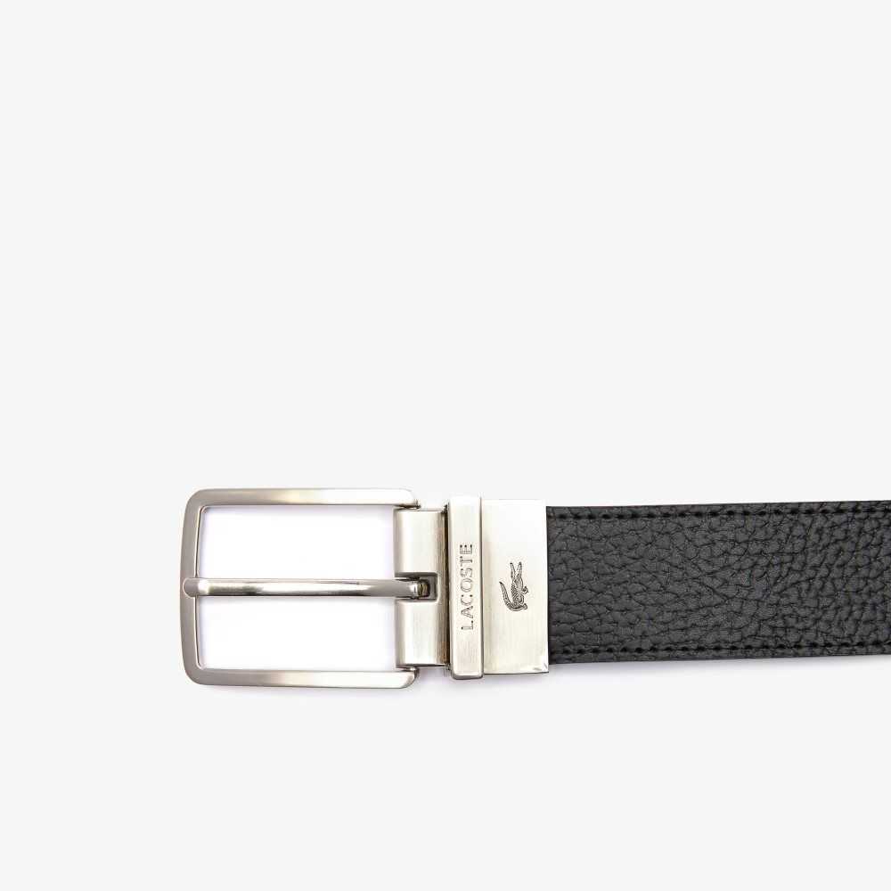 Black Lacoste Engraved Buckle Grained Leather Belt | ZOEXSM-563