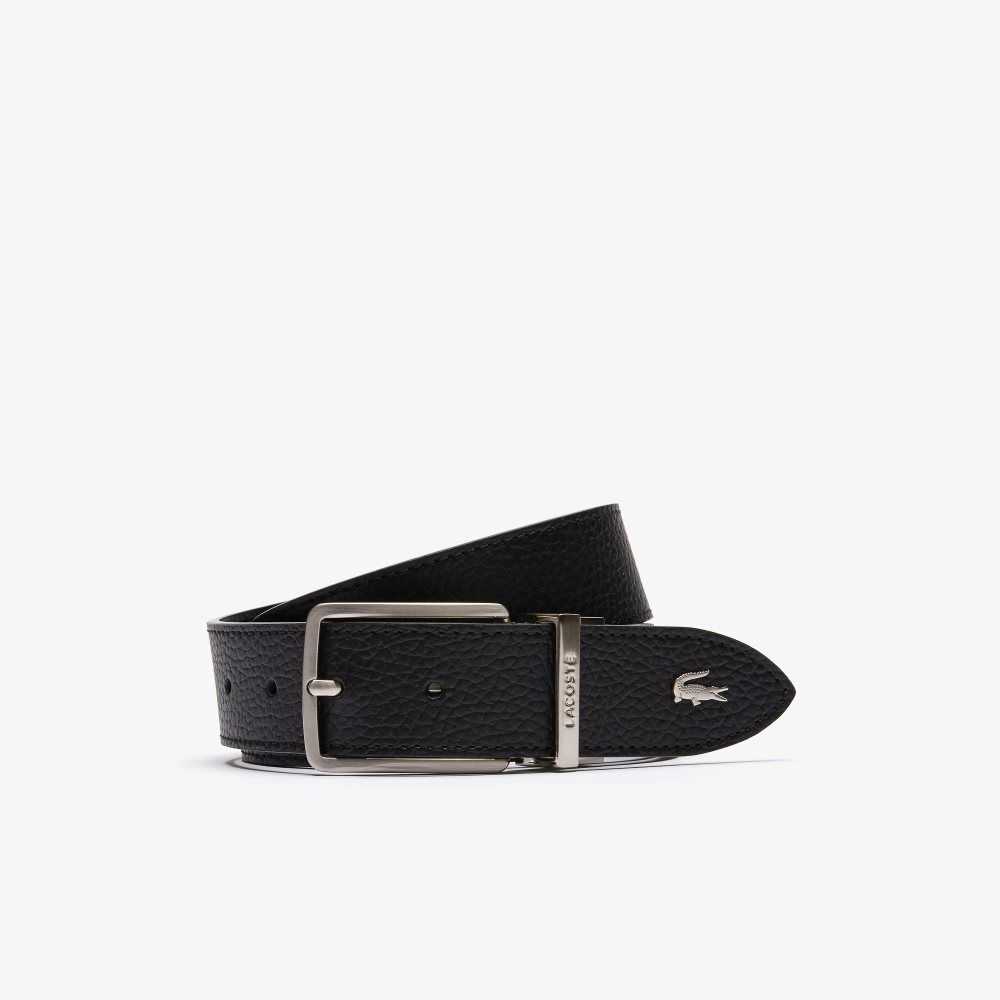 Black Lacoste Engraved Buckle Grained Leather Belt | ZOEXSM-563