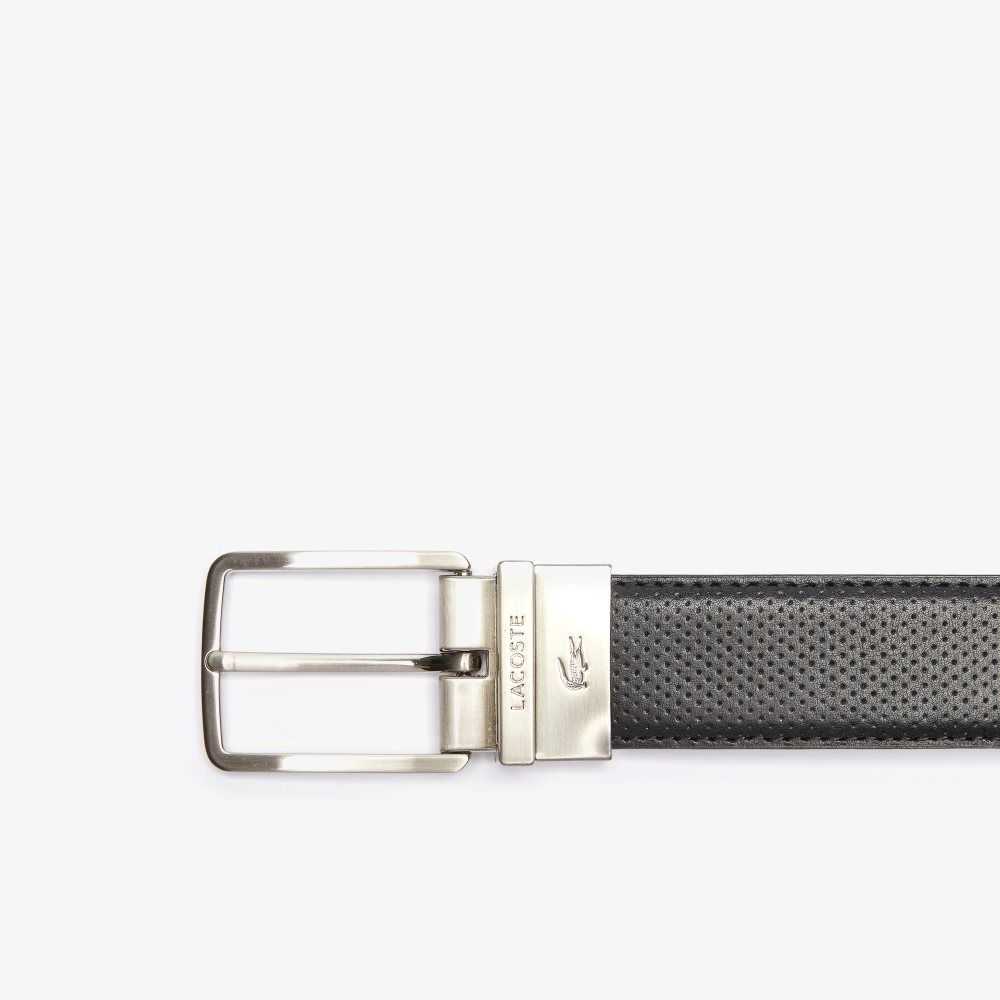 Black Lacoste Engraved Buckle Reversible Pique Leather Belt | AZFOCS-570