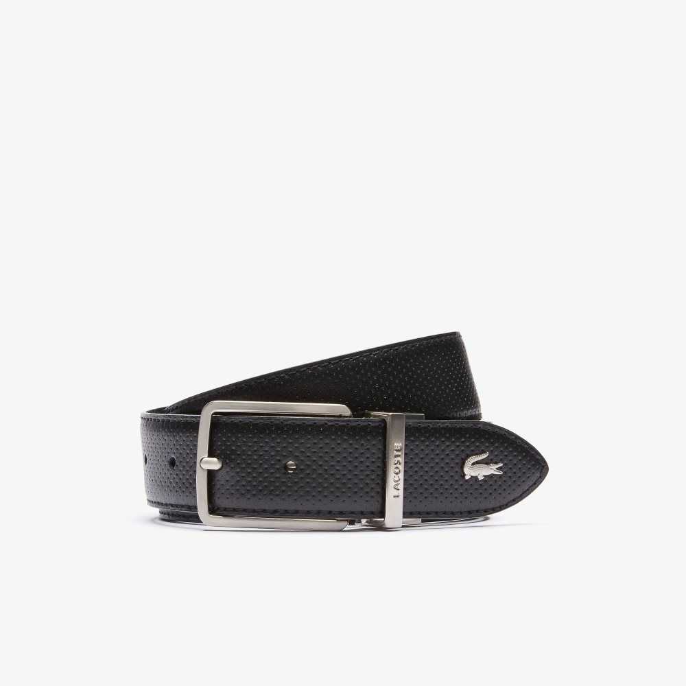 Black Lacoste Engraved Buckle Reversible Pique Leather Belt | AZFOCS-570