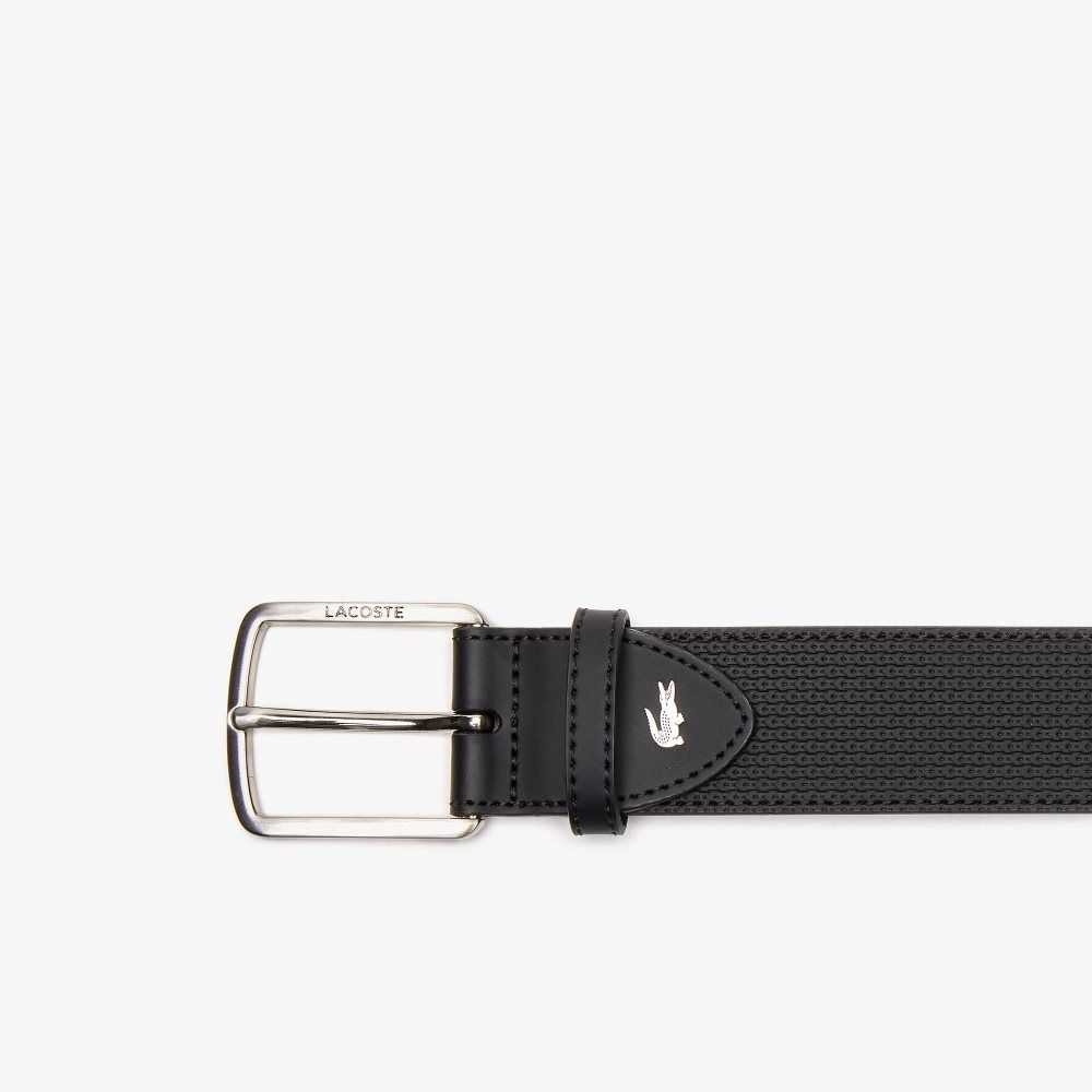 Black Lacoste Engraved Buckle Texturised Leather Belt | ORGFML-642