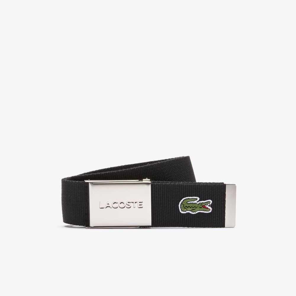 Black Lacoste Engraved Buckle Woven Fabric Belt | CGKSLA-972