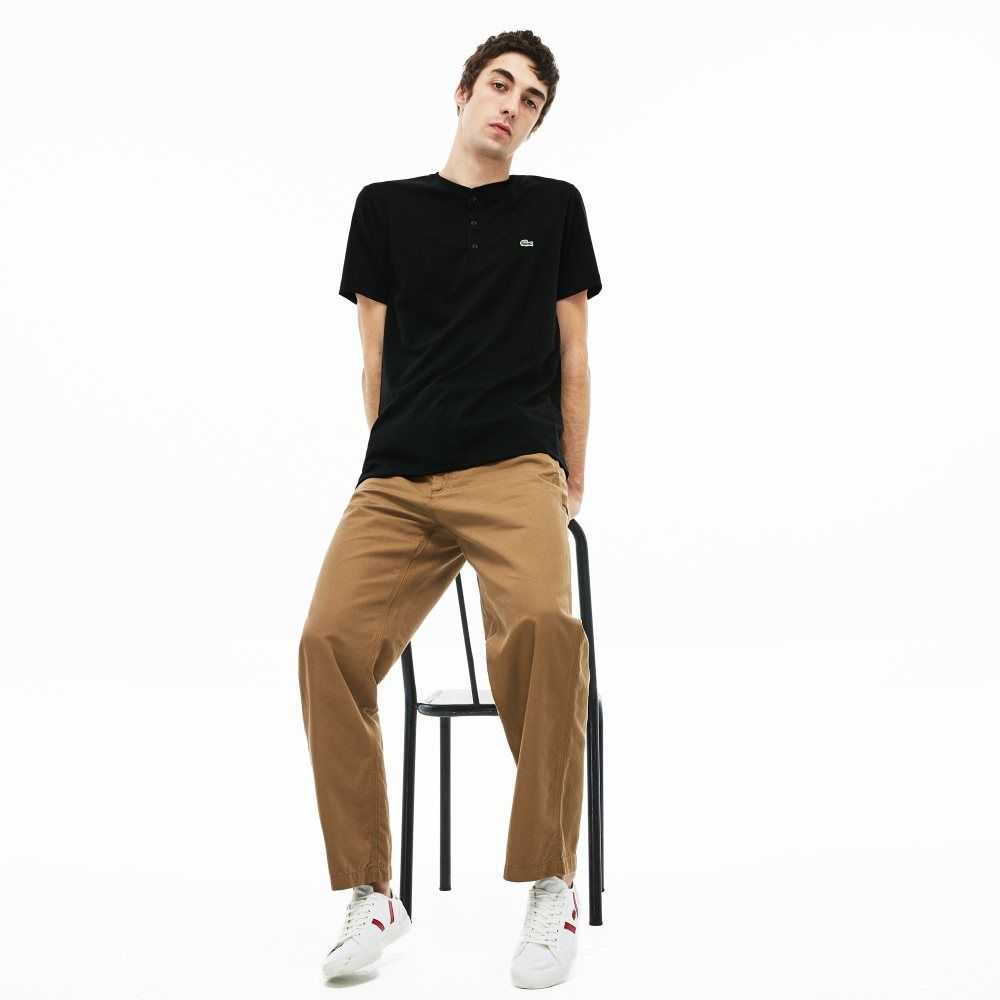 Black Lacoste Henley Neck Pima Cotton Jersey T-Shirt | EWYJMC-283