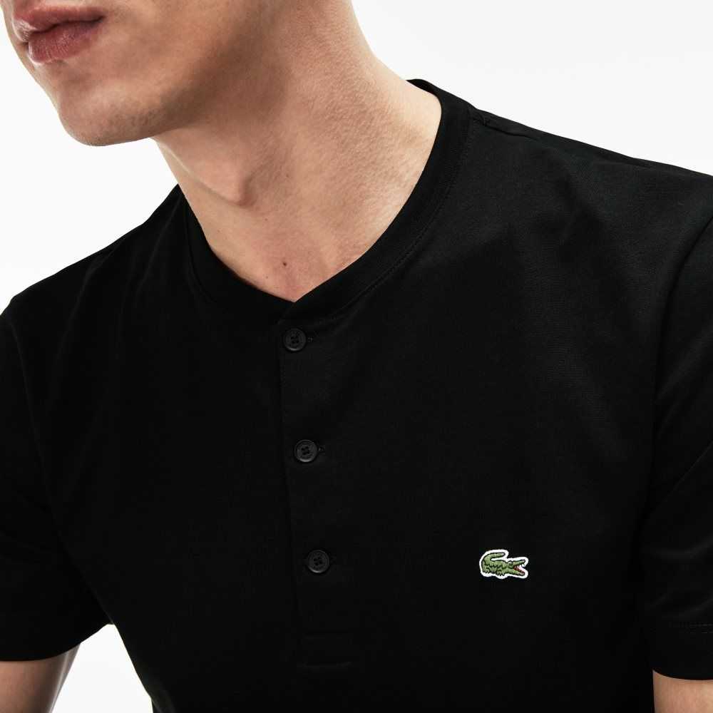 Black Lacoste Henley Neck Pima Cotton Jersey T-Shirt | EWYJMC-283