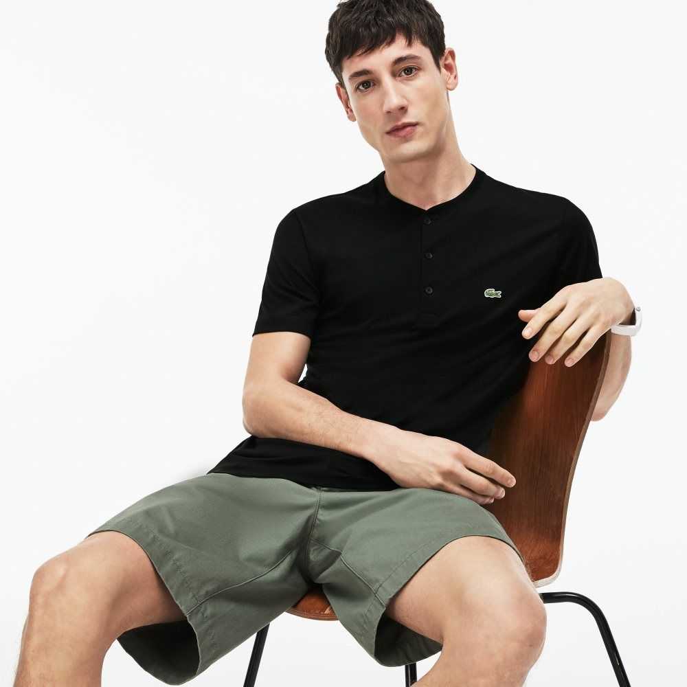 Black Lacoste Henley Neck Pima Cotton Jersey T-Shirt | EWYJMC-283