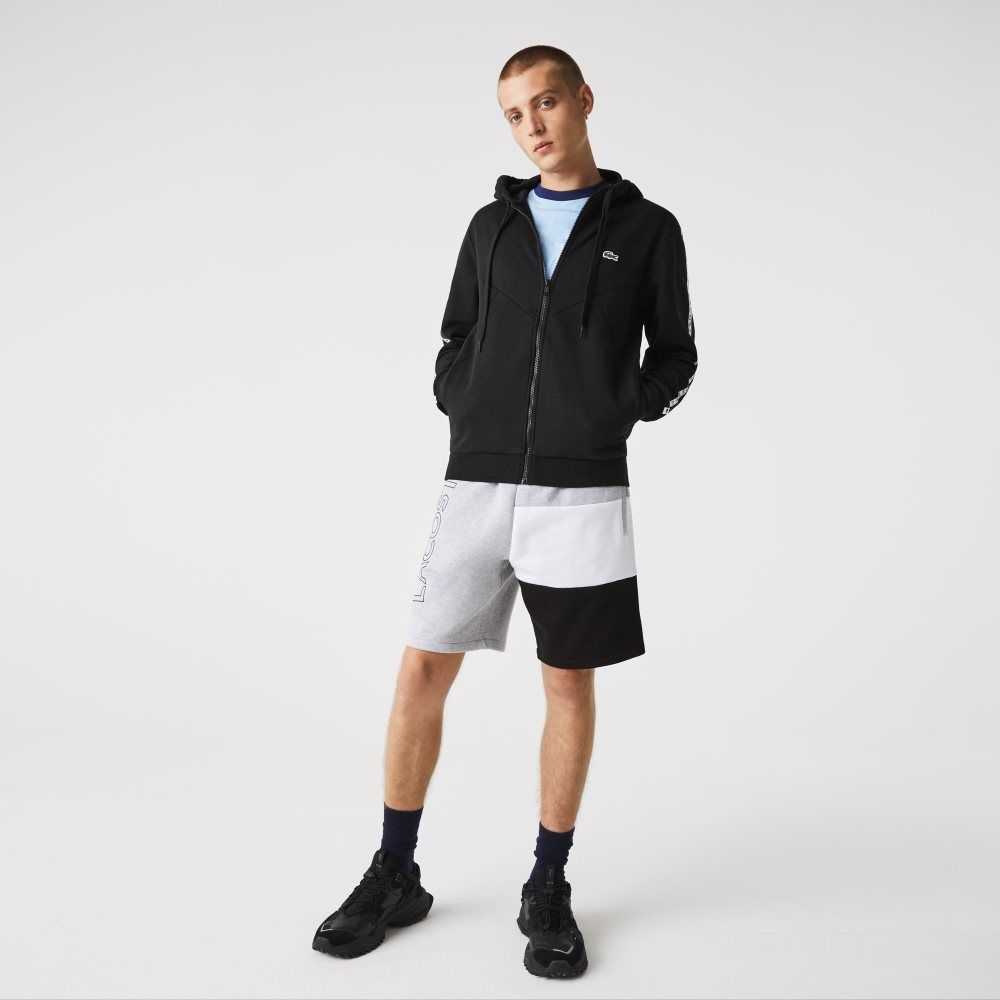 Black Lacoste Hooded Colorblock Lettered Fleece Zip Sweatshirt | LTRSOX-387