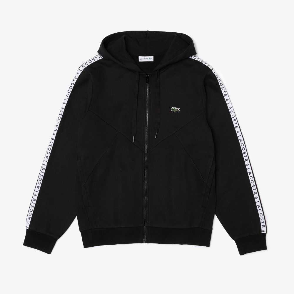 Black Lacoste Hooded Colorblock Lettered Fleece Zip Sweatshirt | LTRSOX-387