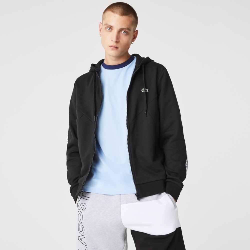 Black Lacoste Hooded Colorblock Lettered Fleece Zip Sweatshirt | LTRSOX-387