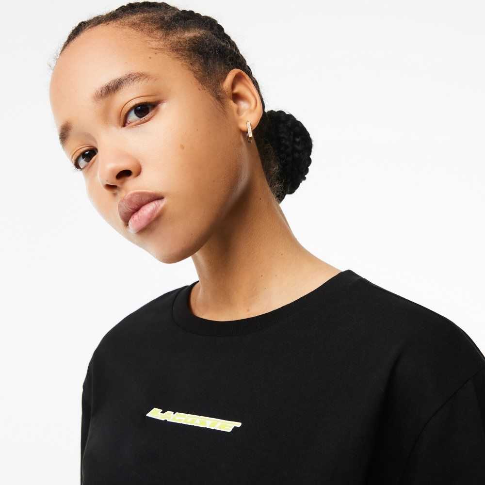 Black Lacoste Jersey Contrast Print T-Shirt | FILPDA-841