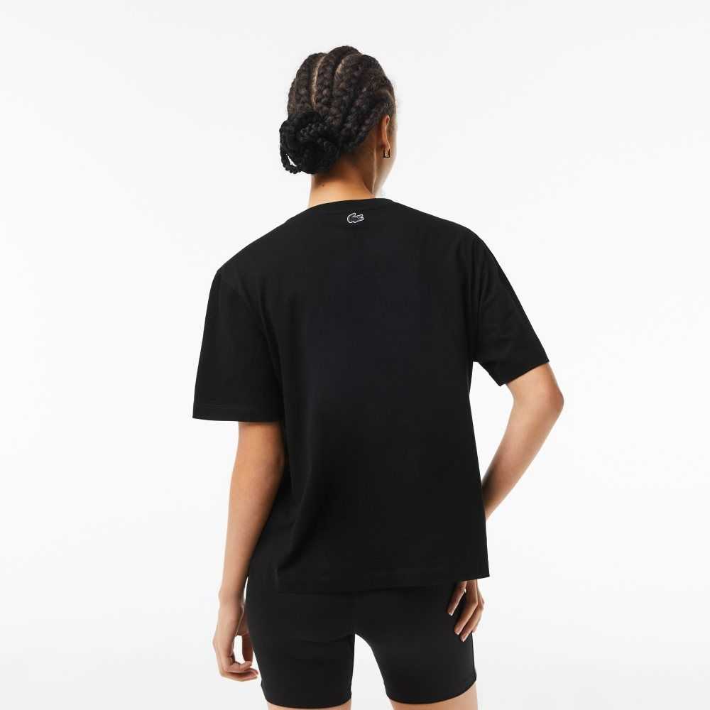 Black Lacoste Jersey Contrast Print T-Shirt | FILPDA-841