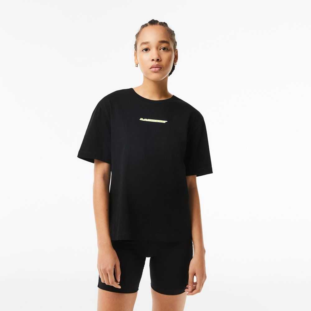 Black Lacoste Jersey Contrast Print T-Shirt | FILPDA-841